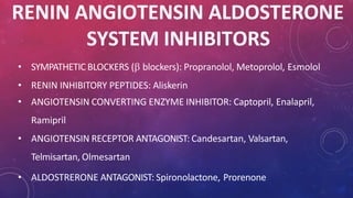 RENIN ANGIOTENSIN ALDOSTERONE
SYSTEM INHIBITORS
• SYMPATHETIC BLOCKERS ( blockers): Propranolol, Metoprolol, Esmolol
• RENIN INHIBITORY PEPTIDES: Aliskerin
• ANGIOTENSIN CONVERTING ENZYME INHIBITOR: Captopril, Enalapril,
Ramipril
• ANGIOTENSIN RECEPTOR ANTAGONIST: Candesartan, Valsartan,
Telmisartan, Olmesartan
• ALDOSTRERONE ANTAGONIST: Spironolactone, Prorenone
 