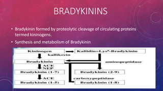 BRADYKININS
• Bradykinin formed by proteolytic cleavage of circulating proteins
termed kininogens.
• Synthesis and metabolism of Bradykinin
 