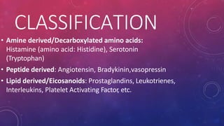 CLASSIFICATION
• Amine derived/Decarboxylated amino acids:
Histamine (amino acid: Histidine), Serotonin
(Tryptophan)
• Peptide derived: Angiotensin, Bradykinin,vasopressin
• Lipid derived/Eicosanoids: Prostaglandins, Leukotrienes,
Interleukins, Platelet Activating Factor, etc.
 