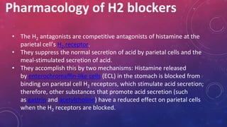 Pharmacology of H2 blockers
• The H2 antagonists are competitive antagonists of histamine at the
parietal cell's H2 receptor.
• They suppress the normal secretion of acid by parietal cells and the
meal-stimulated secretion of acid.
• They accomplish this by two mechanisms: Histamine released
by enterochromaffin-like cells (ECL) in the stomach is blocked from
binding on parietal cell H2 receptors, which stimulate acid secretion;
therefore, other substances that promote acid secretion (such
as gastrin and acetylcholine) have a reduced effect on parietal cells
when the H2 receptors are blocked.
 