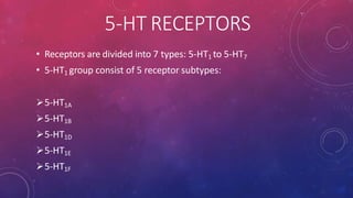 5-HT RECEPTORS
• Receptors are divided into 7 types: 5-HT1 to 5-HT7
• 5-HT1 group consist of 5 receptor subtypes:
5-HT1A
5-HT1B
5-HT1D
5-HT1E
5-HT1F
 