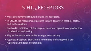 5-HT1A RECEPTORS
• Most extensively distributed of all 5-HT receptors.
• In CNS, these receptors are present in high density in cerebral cortex,
and raphe nucleus.
• Involved in inhibition of discharge of neurons, regulation of production
of behaviour and eating.
• Play an important role in the emergence of anxiety.
• Agonists: Buspiron, Ergotamine, Yohimbine and Antagonists are
Alprenolol, Pindolol, Propranolol.
 