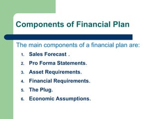 Components of Financial Plan
The main components of a financial plan are:
1. Sales Forecast .
2. Pro Forma Statements.
3. Asset Requirements.
4. Financial Requirements.
5. The Plug.
6. Economic Assumptions.
 