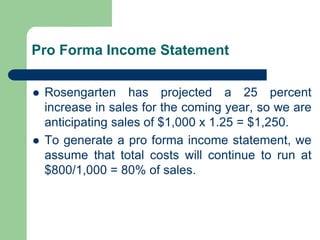 Pro Forma Income Statement
⚫ Rosengarten has projected a 25 percent
increase in sales for the coming year, so we are
anticipating sales of $1,000 x 1.25 = $1,250.
⚫ To generate a pro forma income statement, we
assume that total costs will continue to run at
$800/1,000 = 80% of sales.
 