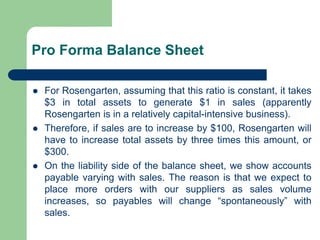 Pro Forma Balance Sheet
⚫ For Rosengarten, assuming that this ratio is constant, it takes
$3 in total assets to generate $1 in sales (apparently
Rosengarten is in a relatively capital-intensive business).
⚫ Therefore, if sales are to increase by $100, Rosengarten will
have to increase total assets by three times this amount, or
$300.
⚫ On the liability side of the balance sheet, we show accounts
payable varying with sales. The reason is that we expect to
place more orders with our suppliers as sales volume
increases, so payables will change “spontaneously” with
sales.
 
