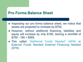 Pro Forma Balance Sheet
⚫ Inspecting our pro forma balance sheet, we notice that
assets are projected to increase by $750.
⚫ However, without additional financing, liabilities and
equity will increase by only $185, leaving a shortfall of
$750 - 185 = $565.
⚫ This called “Additional Funds Needed” (AFN) or
External Funds Needed/ External Financing Needed
(EFN)
 