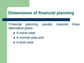 Dimensions of financial planning
Financial planning usually requires three
alternative plans:
⚫ A worst case
⚫ A normal case and
⚫ A best case
 