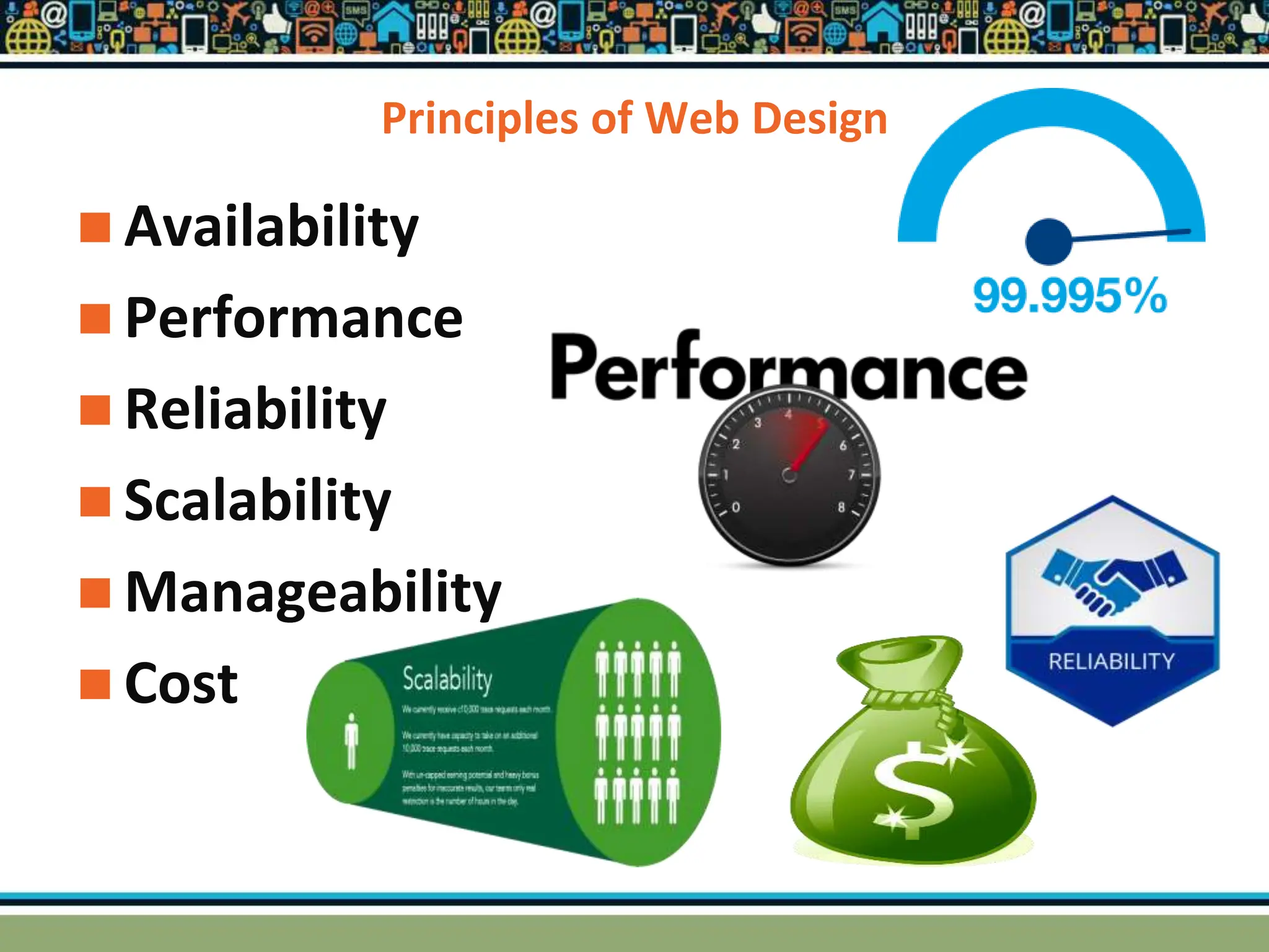 Principles of Web Design
 Availability
 Performance
 Reliability
 Scalability
 Manageability
 Cost
 