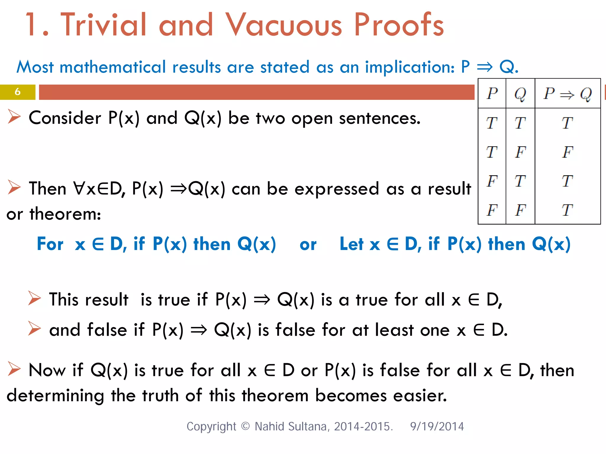 1. Trivial and Vacuous Proofs 9/19/2014 
6 
Most mathematical results are stated as an implication: P ⇒ Q. 
 
Consider P(x) and Q(x) be two open sentences. 
 
Then ∀x∈D, P(x) ⇒Q(x) can be expressed as a result or theorem: For x ∈ D, if P(x) then Q(x) or Let x ∈ D, if P(x) then Q(x) 
 
This result is true if P(x) ⇒ Q(x) is a true for all x ∈ D, 
 
and false if P(x) ⇒ Q(x) is false for at least one x ∈ D. 
 
Now if Q(x) is true for all x ∈ D or P(x) is false for all x ∈ D, then determining the truth of this theorem becomes easier. Copyright © Nahid Sultana, 2014-2015. 
 