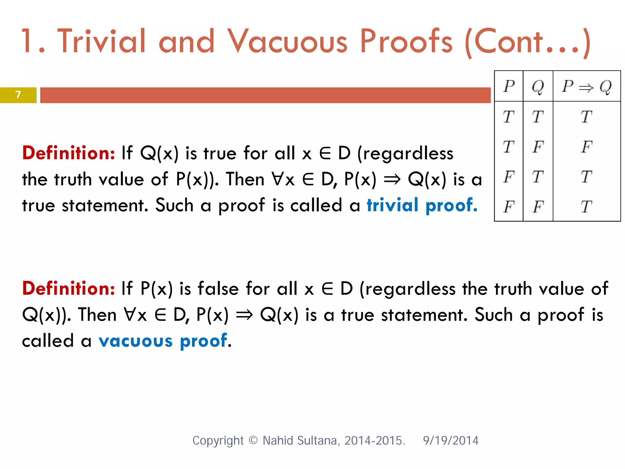 1. Trivial and Vacuous Proofs (Cont…) 9/19/2014 
7 
Definition: If Q(x) is true for all x ∈ D (regardless the truth value of P(x)). Then ∀x ∈ D, P(x) ⇒ Q(x) is a true statement. Such a proof is called a trivial proof. 
Definition: If P(x) is false for all x ∈ D (regardless the truth value of Q(x)). Then ∀x ∈ D, P(x) ⇒ Q(x) is a true statement. Such a proof is called a vacuous proof. Copyright © Nahid Sultana, 2014-2015. 
 