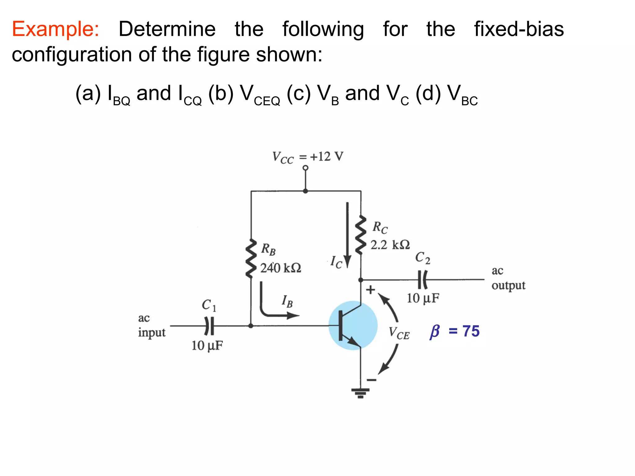 Example: Determine the following for the fixed-bias
configuration of the figure shown:
(a) IBQ and ICQ (b) VCEQ (c) VB and VC (d) VBC
β = 75
 
