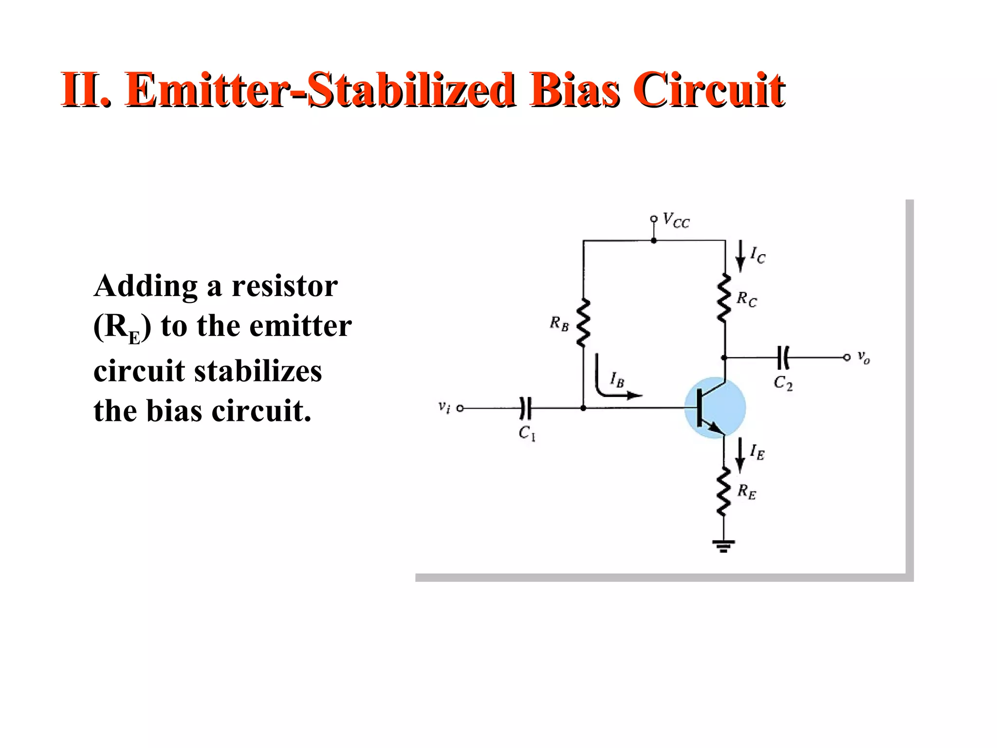 II. Emitter-Stabilized Bias CircuitII. Emitter-Stabilized Bias Circuit
Adding a resistor
(RE) to the emitter
circuit stabilizes
the bias circuit.
 