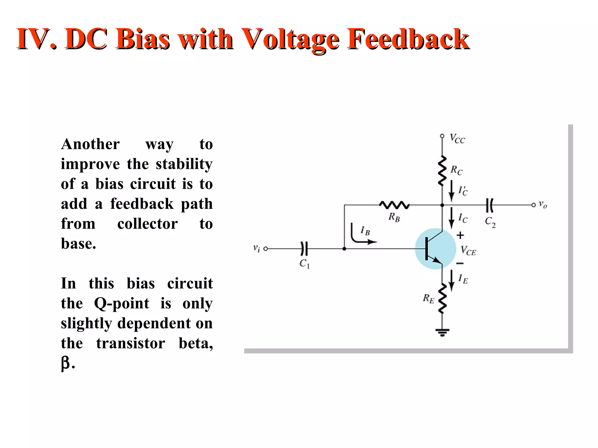 IV. DC Bias with Voltage FeedbackIV. DC Bias with Voltage Feedback
Another way to
improve the stability
of a bias circuit is to
add a feedback path
from collector to
base.
In this bias circuit
the Q-point is only
slightly dependent on
the transistor beta,
β.
 