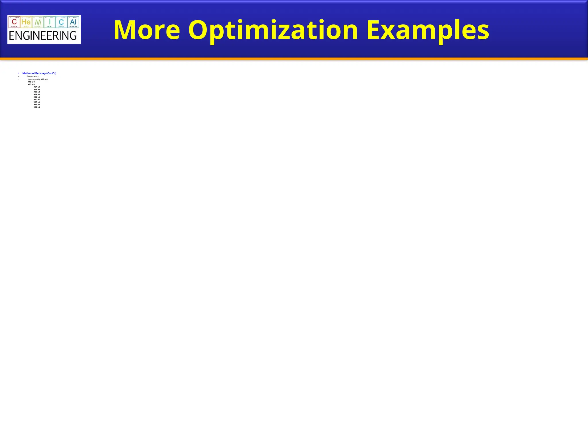More Optimization Examples
• Methanol Delivery (Cont’d)
– Constraints
• Non-negativity X1A ≥ 0
X1B ≥ 0
X1C ≥ 0
X2A ≥ 0
X2B ≥ 0
X2C ≥ 0
X3A ≥ 0
X3B ≥ 0
X3C ≥ 0
X4A ≥ 0
X4B ≥ 0
X4C ≥ 0
 