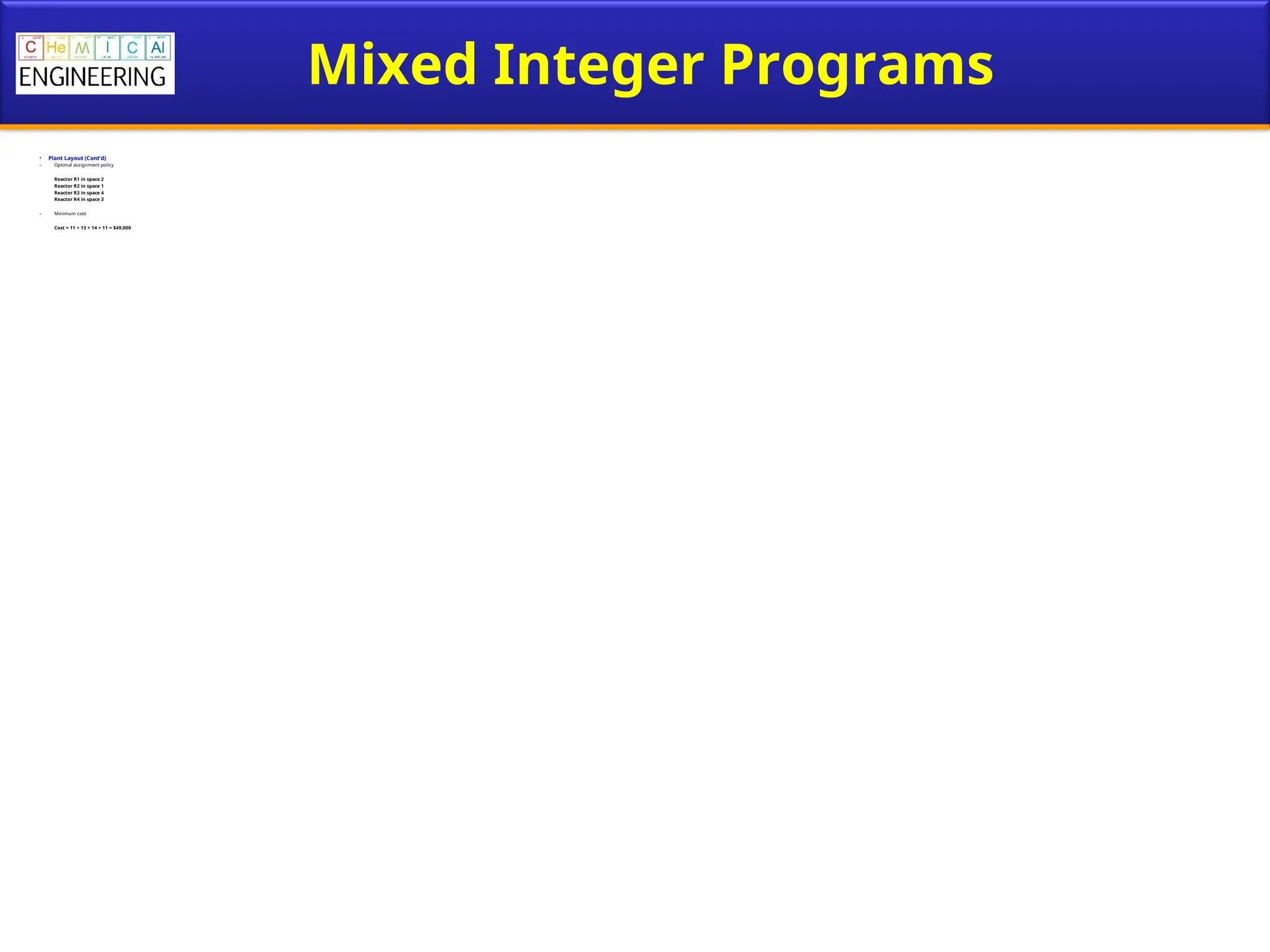 Mixed Integer Programs
• Plant Layout (Cont’d)
– Optimal assignment policy
Reactor R1 in space 2
Reactor R2 in space 1
Reactor R3 in space 4
Reactor R4 in space 3
– Minimum cost
Cost = 11 + 13 + 14 + 11 = $49,000
 