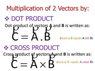 Multiplication of 2 Vectors by:
BAC

 (read as C equals A cross B)
 CROSS PRODUCT
 DOT PRODUCT
Dot product of vectors A and B is written as:
BAC

. (read as C equals A dot B)
Cross product of vectors A and B is written as:
 