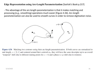3/19/2020 26
Edge Representation using Arc-Length Parameterization [Szeliski's Book p.217]
- The advantage of the arc-length parameterization is that it makes matching and
processing (e.g., smoothing) operations much easier (Figure 4.36). Arc-length
parameterization can also be used to smooth curves in order to remove digitization noise.
 