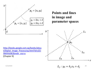 3/19/2020 28
Points and lines
in image and
parameter spaces
http://books.google.com.eg/books/abou
t/Digital_Image_Processing.html?id=jCEi
9MVfxD8C&redir_esc=y
[Chapter 9]
 