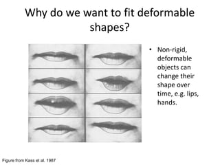 Why do we want to fit deformable
shapes?
• Non-rigid,
deformable
objects can
change their
shape over
time, e.g. lips,
hands.
Figure from Kass et al. 1987
 