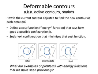 Deformable contours
initial intermediate final
a.k.a. active contours, snakes
How is the current contour adjusted to find the new contour at
each iteration?
• Define a cost function (“energy” function) that says how
good a possible configuration is.
• Seek next configuration that minimizes that cost function.
What are examples of problems with energy functions
that we have seen previously?
 
