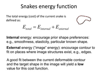 Snakes energy function
The total energy (cost) of the current snake is
defined as:
externalinternaltotal EEE 
A good fit between the current deformable contour
and the target shape in the image will yield a low
value for this cost function.
Internal energy: encourage prior shape preferences:
e.g., smoothness, elasticity, particular known shape.
External energy (“image” energy): encourage contour to
fit on places where image structures exist, e.g., edges.
 