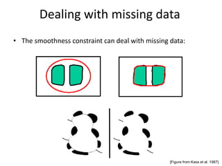 Dealing with missing data
• The smoothness constraint can deal with missing data:
[Figure from Kass et al. 1987]
 