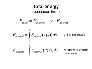 Total energy
(continuous form)
// bending energy
// total edge strength
under curve
externalinternaltotal EEE 

1
0
internal ))(( dssEEinternal 

1
0
))(( dssEE externalexternal 
 