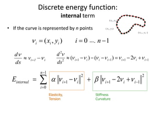 Discrete energy function:
internal term
• If the curve is represented by n points
Elasticity,
Tension
Stiffness
Curvature
10),(  niyx iii 
i1iv
ds
d


  11112
2
2)()(   iiiiiii
ds
d





 
1
0
2
11
2
1 2
n
i
iiiiiinternalE 
…
 