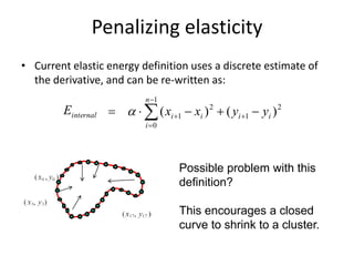 Penalizing elasticity
• Current elastic energy definition uses a discrete estimate of
the derivative, and can be re-written as:
Possible problem with this
definition?
This encourages a closed
curve to shrink to a cluster.




1
0
2
n
i
iinternal LE  2
1
1
0
2
1 )()( ii
n
i
ii yyxx  



 
