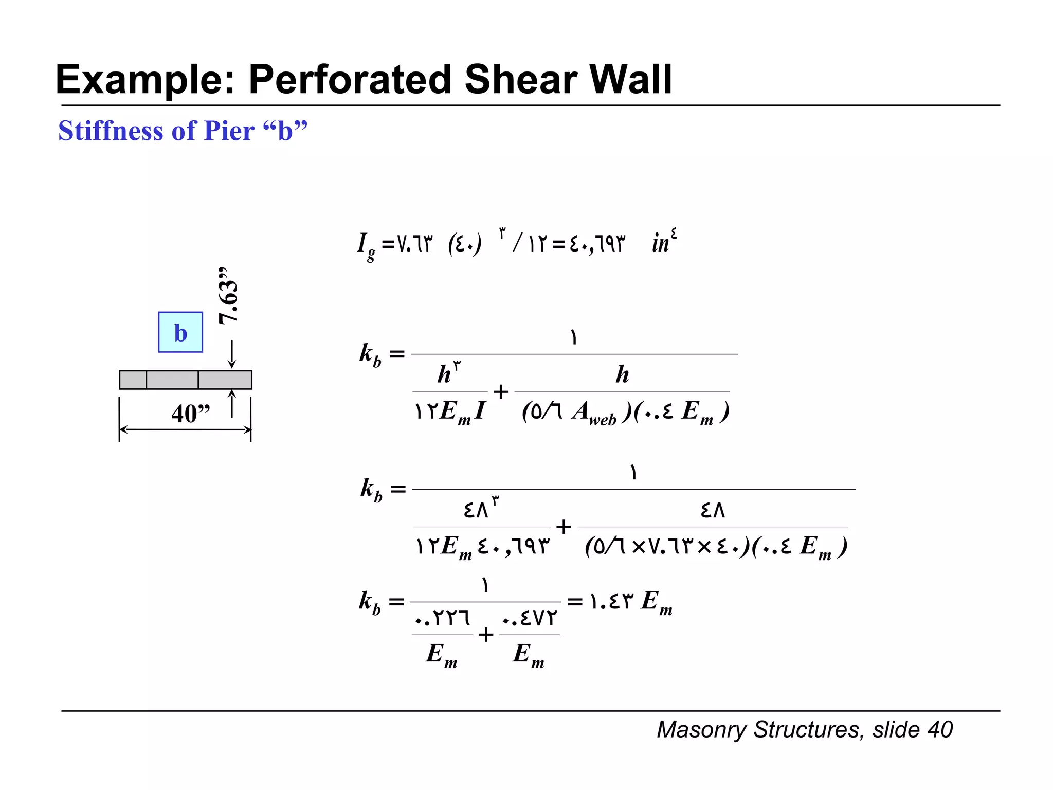 Example: Perforated Shear Wall Stiffness of Pier “b” b 7.63” 40” 