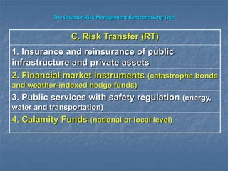 The Disaster Risk Management Benchmarking Tool
C. Risk Transfer (RT)
1. Insurance and reinsurance of public
infrastructure and private assets
2. Financial market instruments (catastrophe bonds
and weather-indexed hedge funds)
3. Public services with safety regulation (energy,
water and transportation)
4. Calamity Funds (national or local level)
 