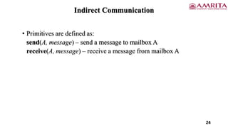 • Primitives are defined as:
send(A, message) – send a message to mailbox A
receive(A, message) – receive a message from mailbox A
24
Indirect Communication
 