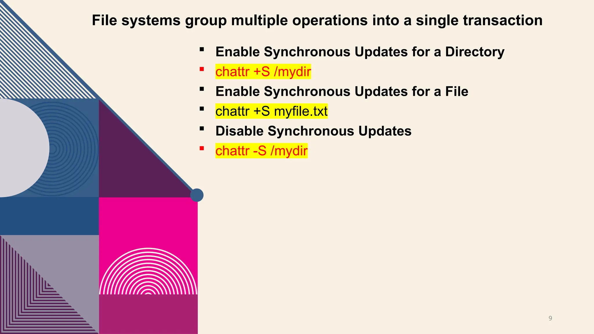 9
File systems group multiple operations into a single transaction
 Enable Synchronous Updates for a Directory
 chattr +S /mydir
 Enable Synchronous Updates for a File
 chattr +S myfile.txt
 Disable Synchronous Updates
 chattr -S /mydir
 
