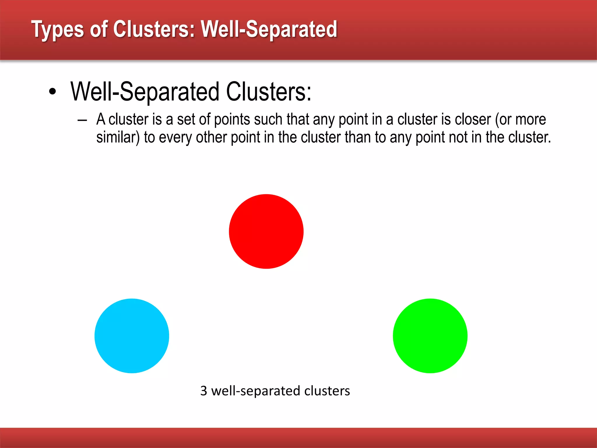 Types of Clusters: Well-Separated
• Well-Separated Clusters:
– A cluster is a set of points such that any point in a cluster is closer (or more
similar) to every other point in the cluster than to any point not in the cluster.
3 well-separated clusters
 