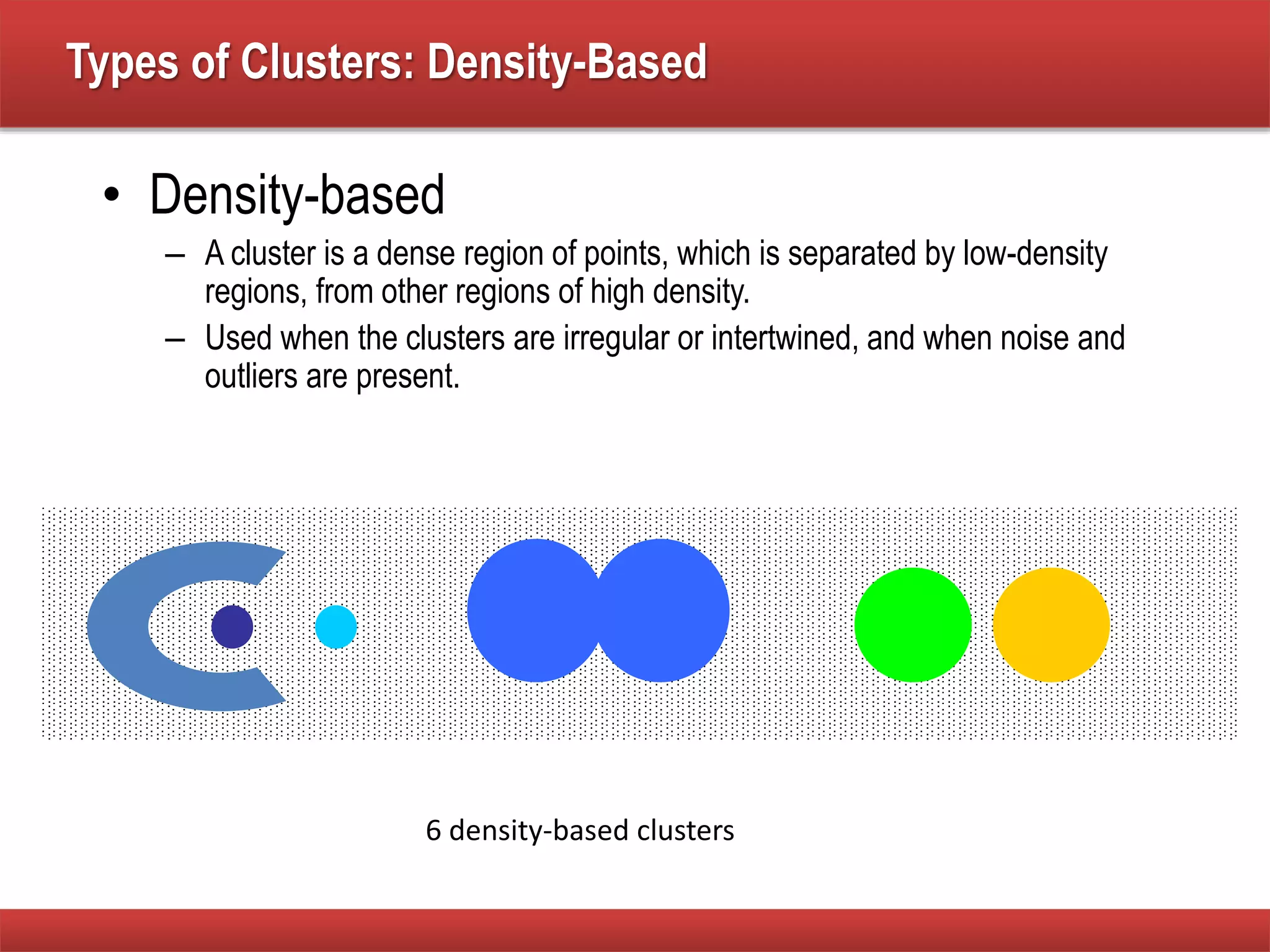 Types of Clusters: Density-Based
• Density-based
– A cluster is a dense region of points, which is separated by low-density
regions, from other regions of high density.
– Used when the clusters are irregular or intertwined, and when noise and
outliers are present.
6 density-based clusters
 