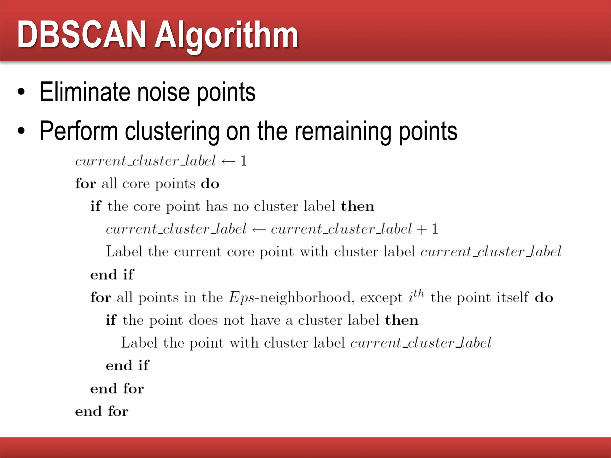 DBSCAN Algorithm
• Eliminate noise points
• Perform clustering on the remaining points
 