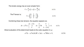 The kinetic energy has an even simpler form:
The T tensor is:
Combining these two tensors, the equation appears as;
Direct evaluation of the determinant leads to the cubic equation in ω2:
 