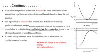 . . . . Continue . . . . . . . .
• An equilibrium position is classified as stable if a small disturbance of the
system from equilibrium results only in small bounded motion about the rest
position.
• The equilibrium is unstable if an infinitesimal disturbance eventually
produces unbounded motion.
• A pendulum at rest is in stable equilibrium, but the egg standing on end is an
obvious illustration of unstable equilibrium.
• It can be readily seen that when the extremum of V is a minimum the
equilibrium must be stable.
FIGURE 6.1 Shape of the potential
energy
curve at equilibrium.
• It can be readily seen that when the extremum of V is a
minimum the equilibrium must be stable.
 