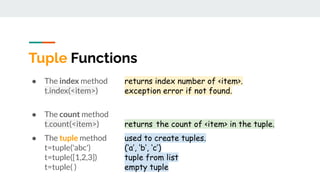 ● The index method returns index number of <item>.
t.index(<item>) exception error if not found.
● The count method
t.coun...