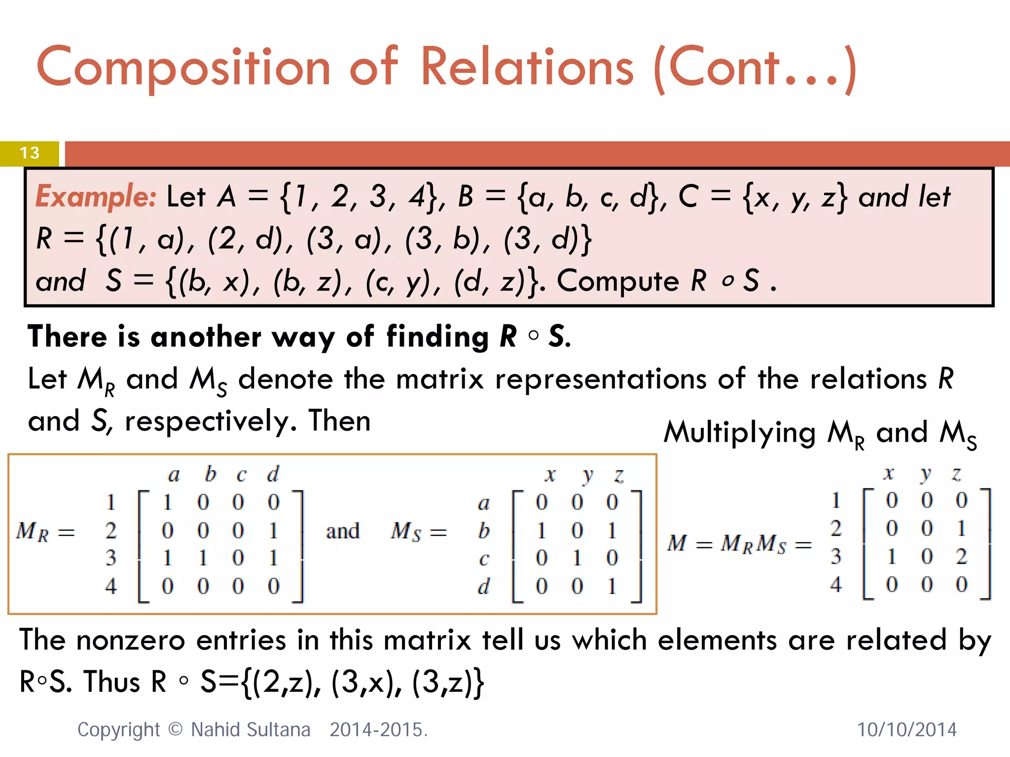 Composition of Relations (Cont…) 10/10/2014 
13 
Example: Let A = {1, 2, 3, 4}, B = {a, b, c, d}, C = {x, y, z} and let R = {(1, a), (2, d), (3, a), (3, b), (3, d)} and S = {(b, x), (b, z), (c, y), (d, z)}. Compute R ∘ S . 
There is another way of finding R ◦ S. 
Let MR and MS denote the matrix representations of the relations R and S, respectively. Then 
The nonzero entries in this matrix tell us which elements are related by R◦S. Thus R ◦ S={(2,z), (3,x), (3,z)} 
Multiplying MR and MS Copyright © Nahid Sultana 2014-2015. 
 