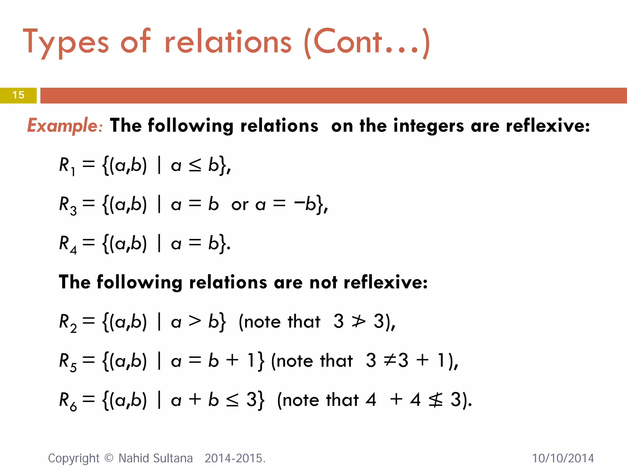 Types of relations (Cont…) 10/10/2014 
15 
Example: The following relations on the integers are reflexive: 
R1 = {(a,b) | a ≤ b}, 
R3 = {(a,b) | a = b or a = −b}, 
R4 = {(a,b) | a = b}. 
The following relations are not reflexive: 
R2 = {(a,b) | a > b} (note that 3 ≯ 3), 
R5 = {(a,b) | a = b + 1} (note that 3 ≠3 + 1), 
R6 = {(a,b) | a + b ≤ 3} (note that 4 + 4 ≰ 3). Copyright © Nahid Sultana 2014-2015. 
 