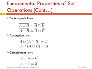 Fundamental Properties of Set Operations (Cont…) 22 
 
De Morgan’s laws 
 
Absorption laws 
Complement laws 
Copyright © Nahid Sultana 2014-2015. 10/10/2014 
 