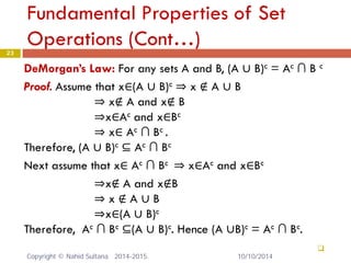 23 
DeMorgan’s Law: For any sets A and B, (A ∪ B)c = Ac ∩ B c 
Proof. Assume that x∈(A ∪ B)c ⇒ x ∉ A ∪ B 
⇒ x∉ A and x∉ B 
⇒x∈Ac and x∈Bc 
⇒ x∈ Ac ∩ Bc . 
Therefore, (A ∪ B)c ⊆ Ac ∩ Bc 
Next assume that x∈ Ac ∩ Bc ⇒ x∈Ac and x∈Bc 
⇒x∉ A and x∉B 
⇒ x ∉ A ∪ B 
⇒x∈(A ∪ B)c 
Therefore, Ac ∩ Bc ⊆(A ∪ B)c. Hence (A ∪B)c = Ac ∩ Bc. 
 
Fundamental Properties of Set Operations (Cont…) Copyright © Nahid Sultana 2014-2015. 10/10/2014 
 