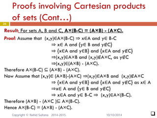 Proofs involving Cartesian products of sets (Cont…) 26 
Result: For sets A, B and C, A×(B-C) = (A×B) - (A×C). Proof: Assume that (x,y)∈A×(B-C) ⇒ x∈A and y∈ B-C ⇒ x∈ A and {y∈ B and y∉C} ⇒ {x∈A and y∈B} and {x∈A and y∉C} ⇒(x,y)∈A×B and (x,y)∉A×C, as y∉C ⇒(x,y)∈(A×B) - (A×C). Therefore A×(B-C) ⊆ (A×B) - (A×C). Now Assume that (x,y)∈ (A×B)-(A×C) ⇒(x,y)∈A×B and (x,y)∉A×C ⇒ {x∈A and y∈B} and {x∈A and y∉C} as x∈ A ⇒x∈ A and {y∈ B and y∉C} ⇒ x∈A and y∈ B-C ⇒ (x,y)∈A×(B-C). Therefore (A×B) - (A×C )⊆ A×(B-C). Hence A×(B-C) = (A×B) - (A×C). 
 
10/10/2014 Copyright © Nahid Sultana 2014-2015. 
