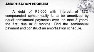 AMORTIZATION PROBLEM
A debt of P5,000 with interest of 12%
compounded semiannually is to be amortized by
equal semiannual payments over the next 3 years,
the first due in 6 months. Find the semiannual
payment and construct an amortization schedule.
 