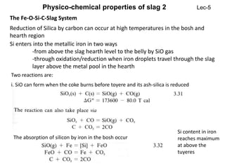 The Fe-O-Si-C-Slag System
Si enters into the metallic iron in two ways
-from above the slag hearth level to the belly by SiO gas
-through oxidation/reduction when iron droplets travel through the slag
layer above the metal pool in the hearth
Two reactions are:
i. SiO can form when the coke burns before toyere and its ash-silica is reduced
The absorption of silicon by iron in the bosh occur
Physico-chemical properties of slag 2 Lec-5
Reduction of Silica by carbon can occur at high temperatures in the bosh and
hearth region
Si content in iron
reaches maximum
at above the
tuyeres
 