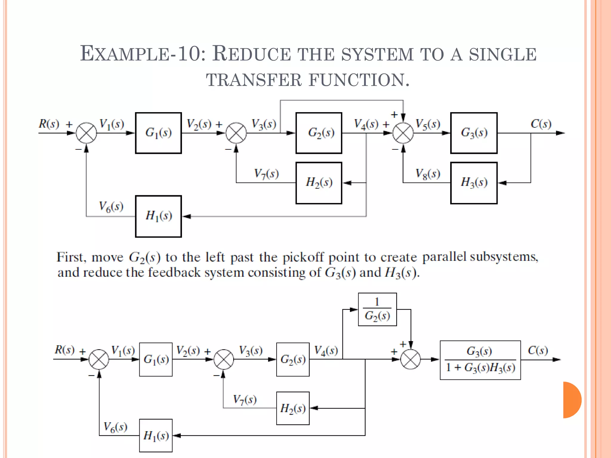 EXAMPLE-10: REDUCE THE SYSTEM TO A SINGLE
TRANSFER FUNCTION.
 