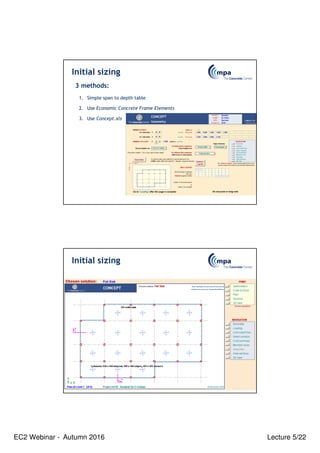 EC2 Webinar - Autumn 2016 Lecture 5/22
3 methods:
1. Simple span to depth table
2. Use Economic Concrete Frame Elements
3. Use Concept.xls
Initial sizing
Initial sizing
 