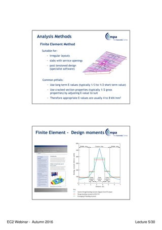 EC2 Webinar - Autumn 2016 Lecture 5/30
Finite Element Method
Suitable for:
◦ irregular layouts
◦ slabs with service openings
◦ post tensioned design
(specialist software)
Common pitfalls:
◦ Use long term E-values (typically 1/3 to 1/2 short term value)
◦ Use cracked section properties (typically 1/2 gross
properties) by adjusting E-value to suit
◦ Therefore appropriate E-values are usually 4 to 8 kN/mm2
Analysis Methods
Finite Element - Design moments
 