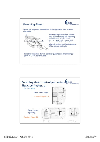 EC2 Webinar - Autumn 2016 Lecture 5/7
For a rectangular internal column
with biaxial bending the following
simplification may be used:
β = 1 + 1.8{(ey/bz)2 + (ez/by)2}0.5
where by and bz are the dimensions
of the control perimeter
For other situations there is plenty of guidance on determining β
given in Cl 6.4.3 of the Code.
Where the simplified arrangement is not applicable then β can be
calculated
c1
c2
2d
2d
y
z
Punching Shear
Punching shear control perimeters
Basic perimeter, u1
Near to an
opening
Near to an edge
Concise: Figure 8.4
Concise: Figure 8.6
EC2: Cl. 6.4.2
 